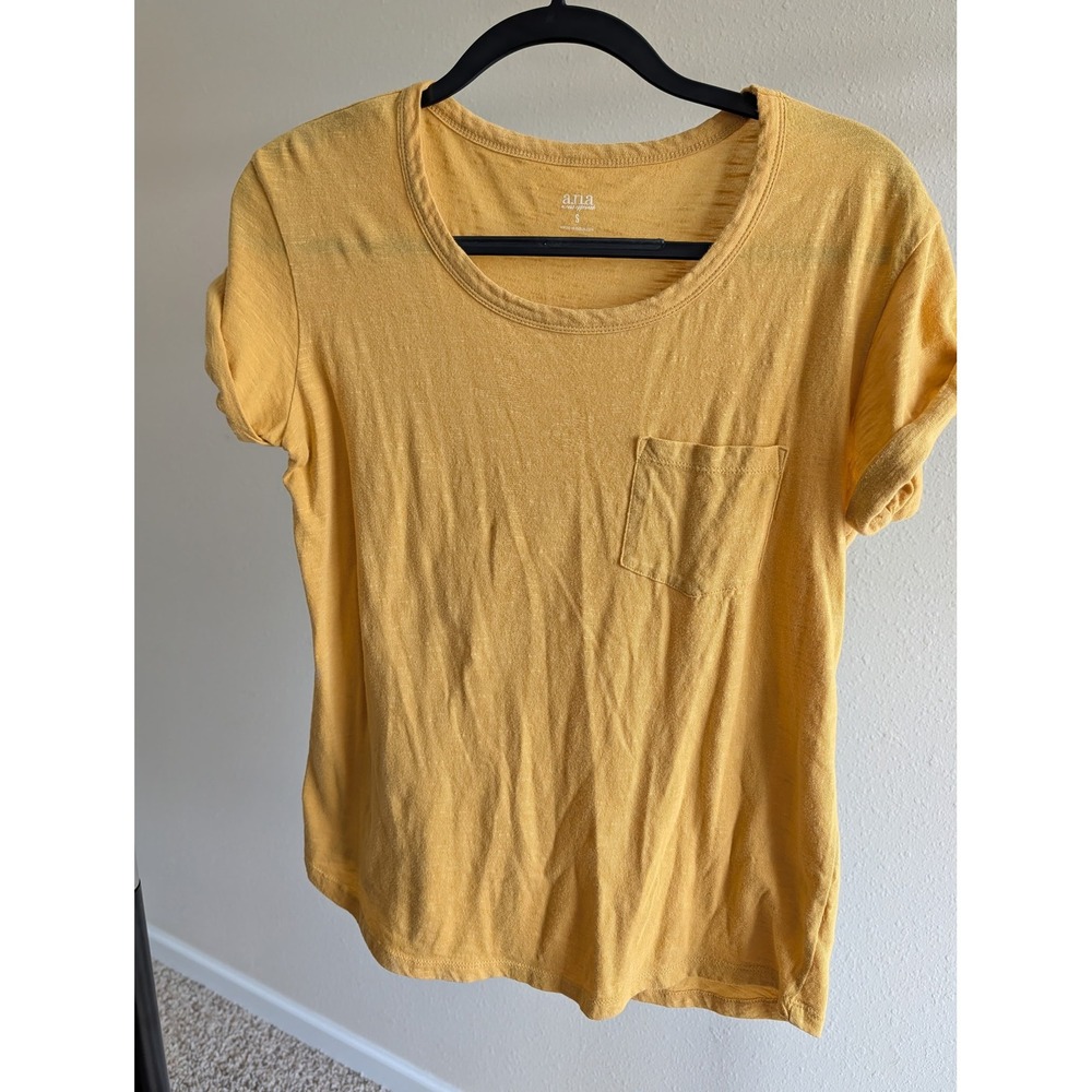ana A New Approach Mustard Yellow Cotton Slub Pocket Tee Scoop Neck Small